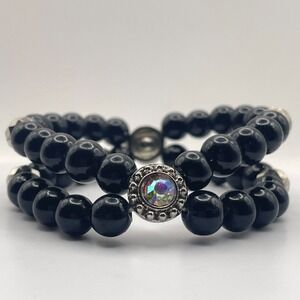 Vintage Black Beaded Double Strand Stretch Bracelet Aurora Borealis Rhinestone